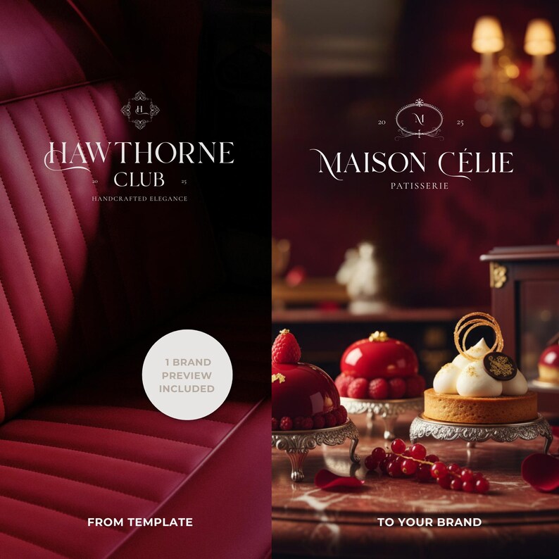 A split-screen brand preview page. On one side, the included brand preview featuring the logo in an old money layout; on the other, the same logo adapted for a french luxury bakery. Demonstrates how easily the kit transitions “From template to your brand.” Copy: “1 brand preview included.