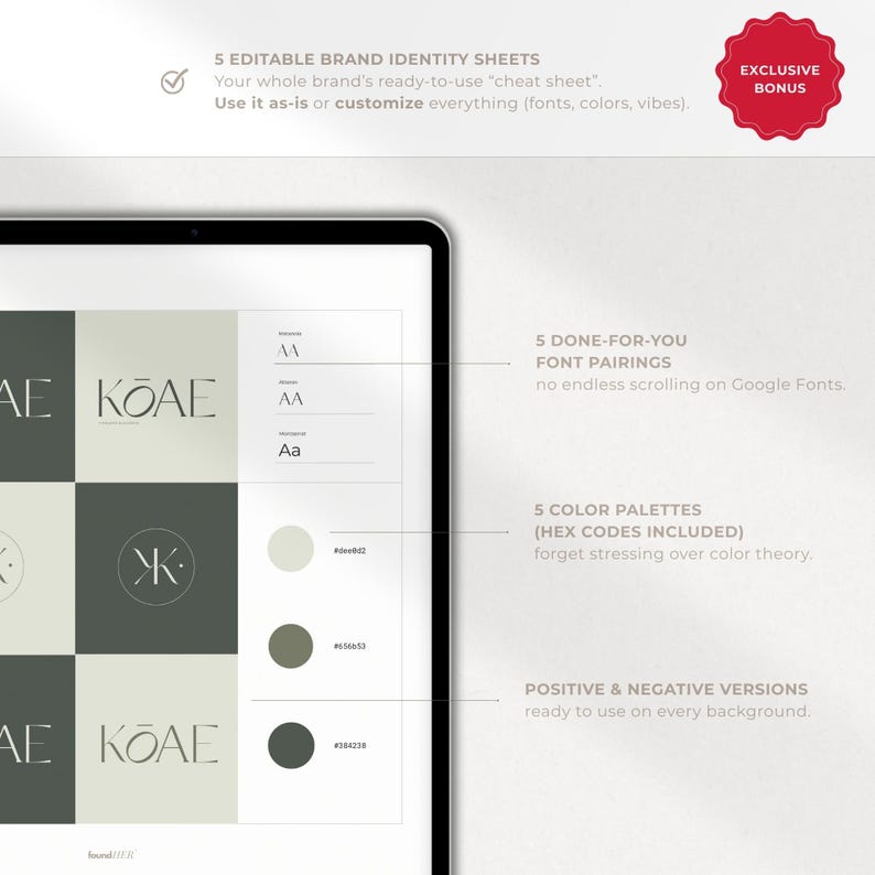 One of five included brand identity sheets is displayed with 5 color palettes (HEX codes), 5 done-for-you font pairings, and positive & negative logo versions. Badge reads ‘Exclusive Bonus’. Emphasizes ready-to-use brand cheat sheet, full customization options, and premium Quiet Luxury style for small business owners.