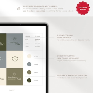 One of five included brand identity sheets is displayed with 5 color palettes (HEX codes), 5 done-for-you font pairings, and positive & negative logo versions. Badge reads ‘Exclusive Bonus’. Emphasizes ready-to-use brand cheat sheet, full customization options, and premium Old Money style for small business owners.