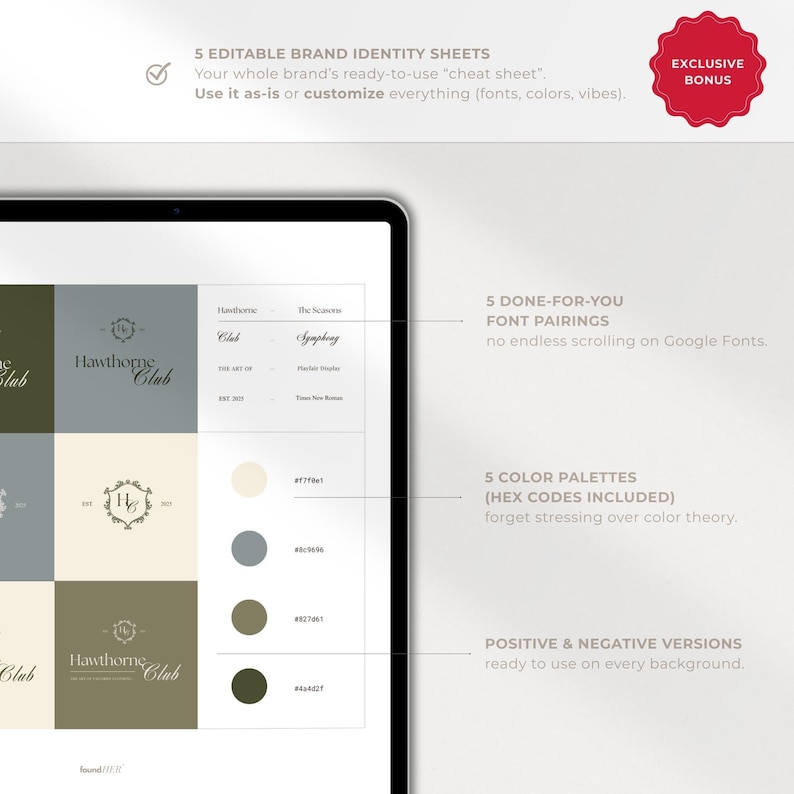 One of five included brand identity sheets is displayed with 5 color palettes (HEX codes), 5 done-for-you font pairings, and positive & negative logo versions. Badge reads ‘Exclusive Bonus’. Emphasizes ready-to-use brand cheat sheet, full customization options, and premium Old Money style for small business owners.