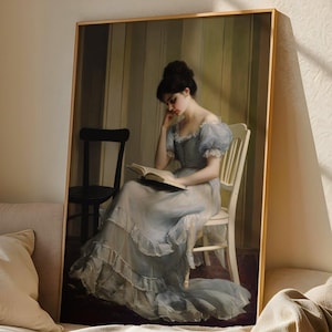 Vintage-Style Portrait of Woman Reading in Blue Gown,Eclectic Vintage WallDecor|Romantic Literary Moody Wall Art|Antique Victorian Portrait
