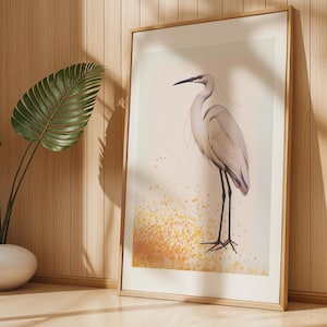 White Egret Art Print – Minimalist Bird Wall Art, Yellow Modern Nature Poster, Elegant Heron Illustration, Coastal Wildlife Home Decor