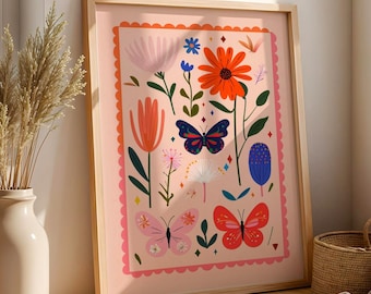 Whimsical Butterfly and Wildflower Art Print – Colorful Nature Wall Decor, Botanical Illustration, Boho Nursery or Living Room Artwork