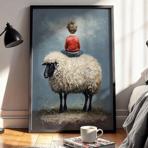 Whimsical Sheep and Child Wall Art Print –Boy in Red Sweater Sitting on Sheep – Nursery Decor, Farm Animal Poster,Rustic Farmhouse Decor