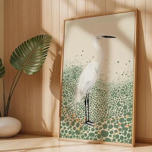 White Egret Art Print – Minimalist Bird Wall Art, Modern Nature Poster, Elegant Heron Illustration, Coastal Wildlife Home Decor