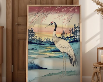 Eleganter Kranich im Kirschblüten Sonnenuntergang | Ukiyo-e Inspirierte Natur Wanddekoration | Poster Ruhige Landschaft