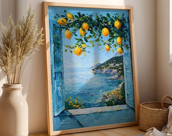 Impressão de pomar de limoeiros mediterrâneos – Arte de parede de janela da costa da Itália – Pintura da Costa Amalfitana – Pôster de paisagem europeia vibrante, Vila costeira