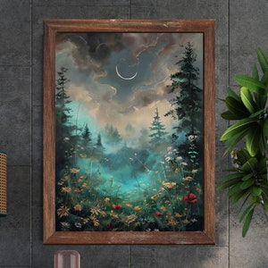 Mystical Moonlit Meadow Art Print- Dark Cottagecore Wall Decor, Enchanted Forest Landscape, Celestial Wildflower Poster, Ethereal Night Sky