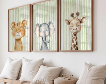 Safari Nursery Prints: Lion, Elephant, Giraffe Wall Art (Set of 3)