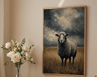 Humeurig schapenportret in stormachtig veld-dramatische dierenkunst aan de muur print-rustiek boerderij decor voor woonkamer of kantoor, pastorale boerderij kunst aan de muur