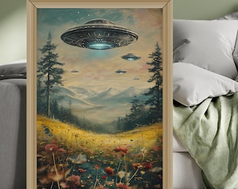 Retro UFO Art Print - Vintage Sci-Fi Landscape Poster - Alien Spaceship Wall Decor - Surreal Extraterrestrial Artwork -Outer Space Aesthetic