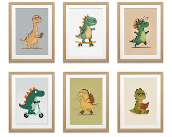 Set of 6 Dinosaur Nursery Wall Art Prints–Cute Dino Kids Room Decor,Scandinavian Playroom Prints, Boys Bedroom Wall Art Set,Dinosaur Posters