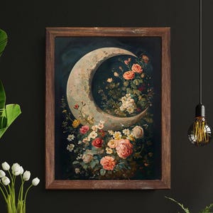 Bloemen maansikkel donker Cottagecore-kunstwerk, vintage botanische donkere boho-muurdecoratie – mystieke maanesthetiek, grillig decor, bloemenkunst