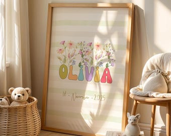Könnte beinhalten: Ein gerahmter Druck mit dem Namen "OLIVIA" in bunten Buchstaben im Bubble-Stil, verziert mit floralen Akzenten. Unter dem Namen steht das Datum "18. November - 2025" in handschriftlicher Schrift. Der Hintergrund hat hellgrüne und weiße Streifen.