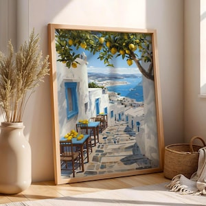 Mediterranean Lemon Tree Wall Art – Greece Island Print, Coastal Kitchen Decor, White and Blue Street Art, Summer Seaside Painting Village