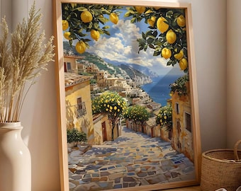 Mediterranean Lemon Grove Print – Coastal Italy Street Wall Art – Amalfi Coast Painting – Vibrant European Landscape Poster, Coastal Village