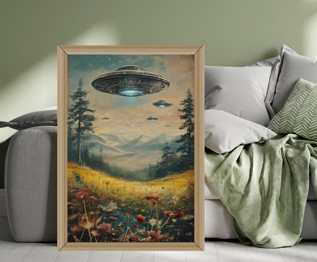Retro UFO Art Print - Vintage Sci-fi Landscape Poster - Alien Spaceship ...