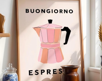 Buongiorno Espresso Art Print, Italian Coffee Wall Art, Moka Pot Illustration, Minimalist Kitchen Decor, Modern Coffee Poster