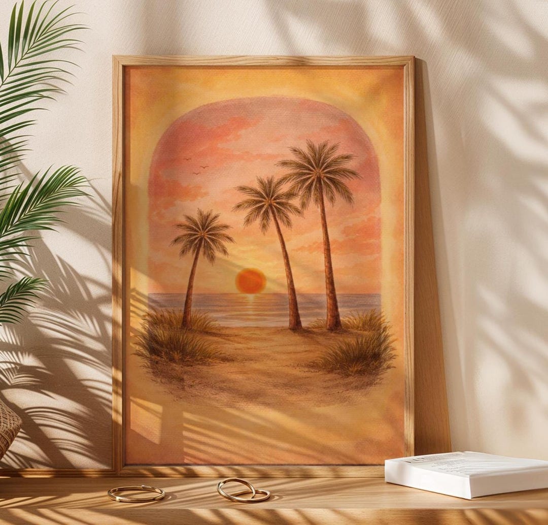 Tropical Sunset Beach Art Print – Palm Tree Coastal Wall Art, Vintage ...