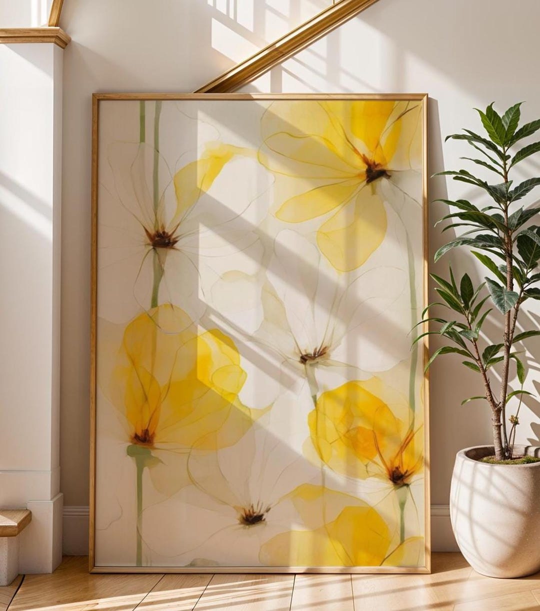 Yellow Abstract Floral Print | Minimalist Botanical Wall Art | Soft ...