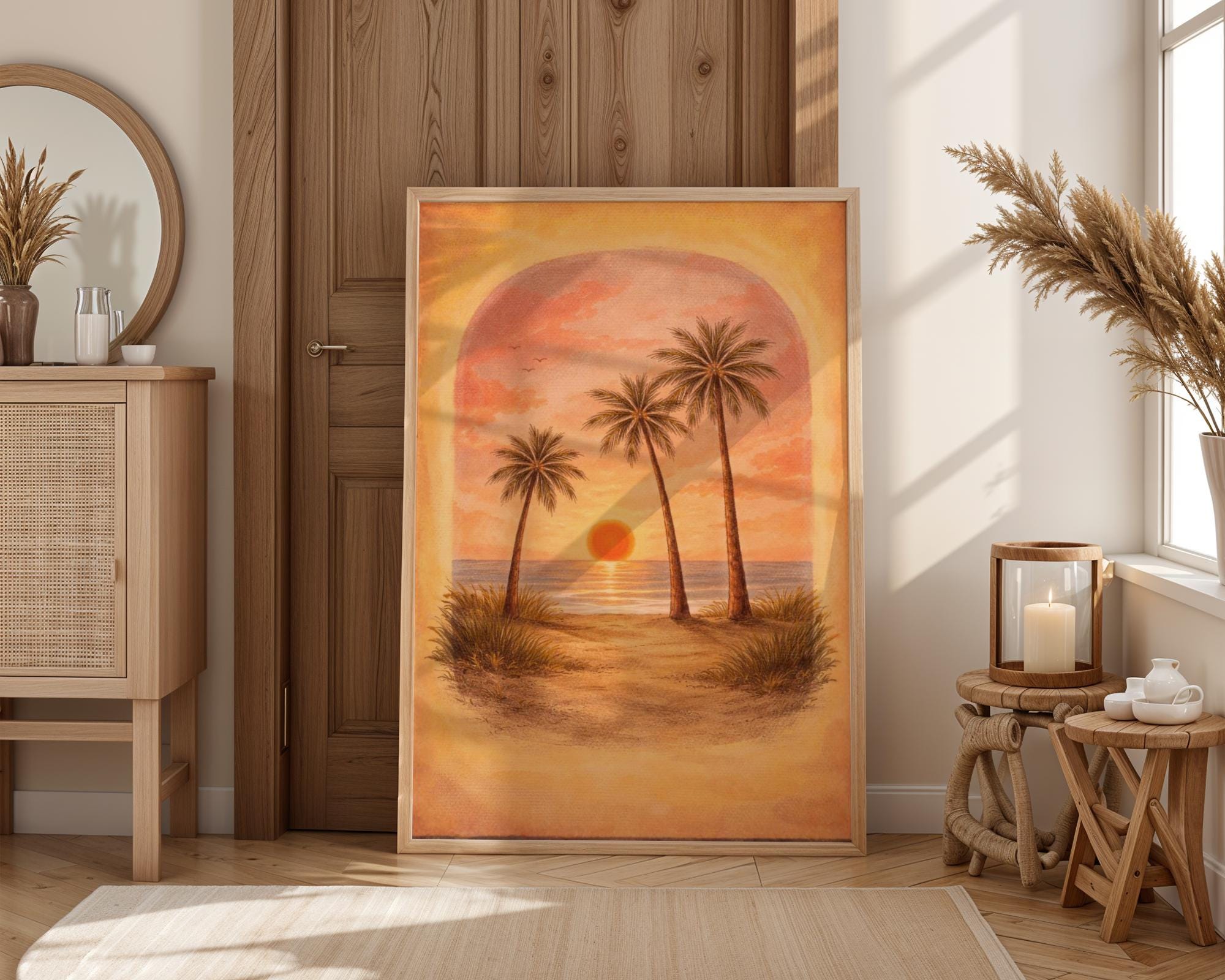 Tropical Sunset Beach Art Print – Palm Tree Coastal Wall Art, Vintage ...