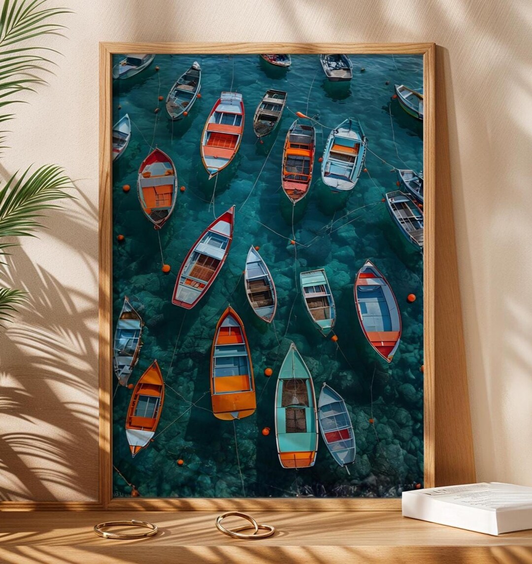 Mediterranean Coastal Wall Art Print – Aerial View of Colorful Boats on ...