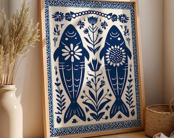 Blue Fish Folk Art Print | Mediterranean Coastal Wall Art | Scandinavian Folk Style Poster | Navy Blue Botanical Fish Illustration |