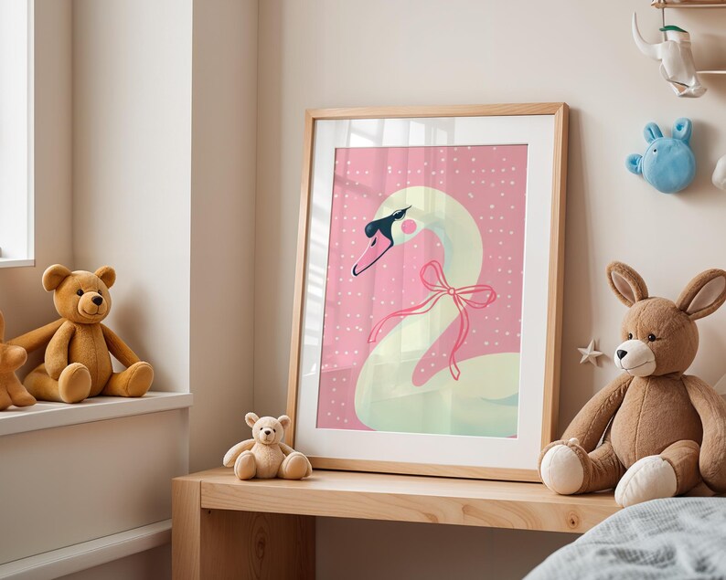 Whimsical Swan Nursery Wall Art Print – Elegant Pink Swan Illustration ...