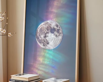 Lámina artística de luna llena luminosa con aura de arcoíris: arte mural celestial de ensueño en tonos pastel, póster fotográfico de cielo etéreo, decoración de dormitorio a la luz de la luna
