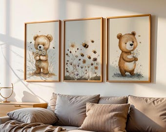 Bear Nursery Print Set: Watercolor Woodland Animals, Bumblebees