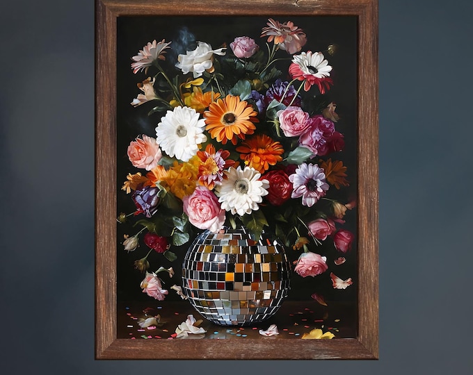 Floral Disco Ball Art Print – Modern Vintage Colorful Retro Decor,Maximalist Funky Art Poster, Indie Eclectic Wall Art, Wildflower Bouquet