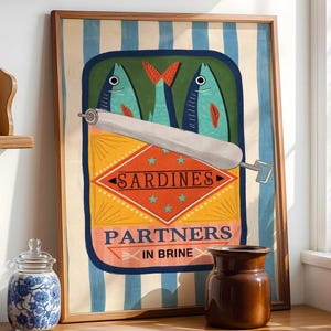 Vintage Sardine Tin Illustration Print – “SARDINES Partners in Brine” Retro Kitchen Wall Art, Nautical Food Poster, Coastal Decor