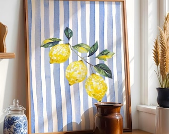Citroen discobal kunstprint – muurkunst aquarel fruit – grillig mediterraan keukendecor – blauwe strepen zomerposter, citroenen muurkunst