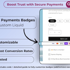 Peut inclure: Un graphique montrant comment renforcer la confiance avec des paiements sécurisés sur une boutique Shopify. Le graphique présente un badge personnalisable qui peut être ajouté à la page de paiement d'une boutique. Le badge comprend une coche et le texte "Personnalisable", "Augmenter les taux de conversion" et "Fiable". Le graphique montre également une capture d'écran de la page de paiement d'une boutique avec diverses options de paiement, notamment Visa, Mastercard, Apple Pay, Shop Pay et PayPal. Le texte "Inclut le code + guide détaillé pour personnaliser complètement les badges (ajouter/supprimer facilement)" se trouve en bas du graphique.