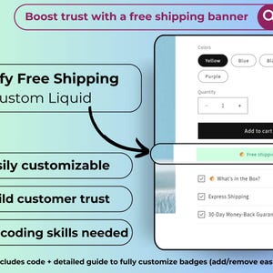 May include: A graphic showing how to add a free shipping banner to a Shopify store. The banner is customizable and can be used to build customer trust. The graphic includes a screenshot of a Shopify store with a free shipping banner.