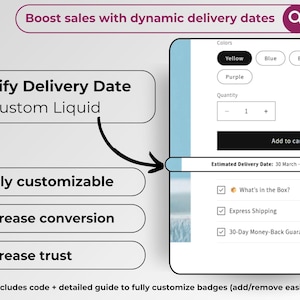 May include: A screenshot of a website showing a product page with a customizable delivery date feature. The page includes a product image, color options, quantity selection, and an "Add to cart" button. The estimated delivery date is displayed below the product image, along with a list of additional features, such as "What's in the Box?" and "Express Shipping".