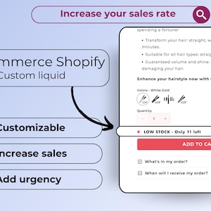 May include: An e-commerce Shopify product page with the text "Increase your sales rate." The page highlights features like "Customizable," "Increase sales," and "Add urgency." The product is described as a "Custom liquid" with a call to action to "Add to cart."