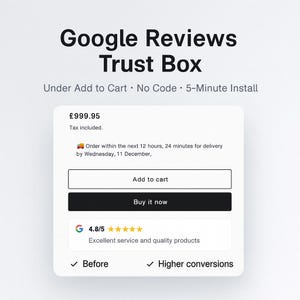 Könnte beinhalten: Eine digitale Werbung für eine Google Reviews Trust Box. Der Text enthält "Google Reviews Trust Box", "Under Add to Cart" und "5-Minute Install". Die Anzeige zeigt auch einen Preis, einen Call-to-Action und eine Kundenbewertung.