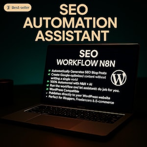 Peut inclure: Un écran d'ordinateur portable affiche "SEO AUTOMATION ASSISTANT" et "SEO WORKFLOW N8N". L'écran détaille les fonctionnalités, notamment la génération automatique d'articles de blog et la compatibilité WordPress. Un badge "Best-seller" est en haut à gauche.