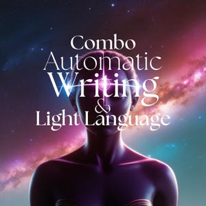 Puede incluir: Ilustración digital de una silueta femenina con una luz brillante que emana de su frente. El fondo muestra una galaxia vibrante con tonos rosas, morados y azules. El texto superpuesto dice "Combo Automatic Writing & Light Language."