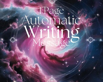 Puede incluir: Imagen digital artística que presenta una galaxia arremolinada de tonos rosas, morados y azules. El texto blanco dice "1 Page Automatic Writing Message" con formas geométricas y estrellas superpuestas al fondo cósmico. La imagen evoca espiritualidad.