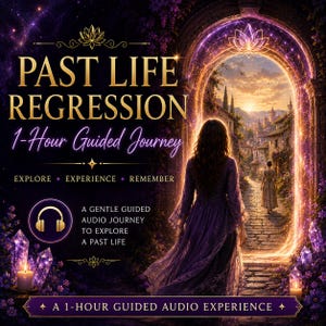 Könnte beinhalten: Eine digitale Grafik für eine einstündige geführte Audioreise mit dem Titel Past Life Regression. Sie zeigt eine Person in einem violetten Kleid vor einem leuchtenden goldenen Torbogen, der zu einem Dorf führt. Enthält Text: Explore, Experience, Remember.