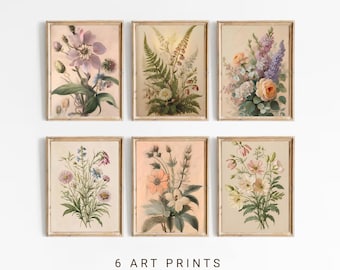 Set di stampe botaniche vintage: galleria d'arte floreale minimalista (download digitale)