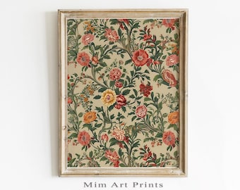 Vintage Botanical Textile Art Print: Rustic Farmhouse Pattern Decor (Digital Download)