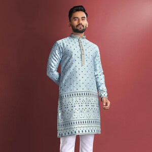 Amboj Work Kurta avec bordure Daaman | Pyjama épais en soie et coton J-Card | Vêtements ethniques traditionnels pour hommes