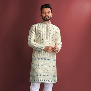 Amboj-werkkurta met daaman-rand | Zware pyjama van zijde en katoen met J-kaart | Traditionele etnische kleding voor heren