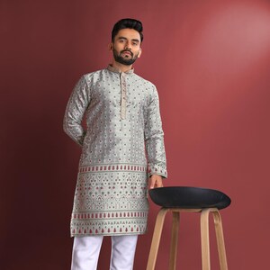 Amboj-werkkurta met daaman-rand | Zware pyjama van zijde en katoen met J-kaart | Traditionele etnische kleding voor heren