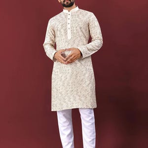 Embroidered Silky Silk Kurta Pajama Set: Lucknowi Indian Menswear