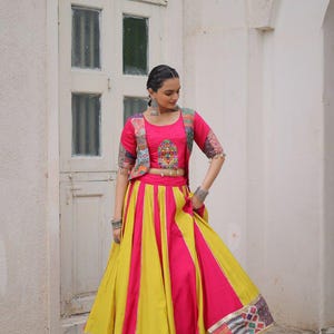 Embroidered Koti Top Lehenga Choli: Roman Fabric, Crochet Print, Gotta Lace