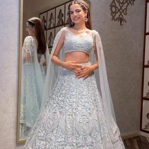 Sequin & Thread Embroidered Net Lehenga Set: Semi-Stitched Wedding Wear